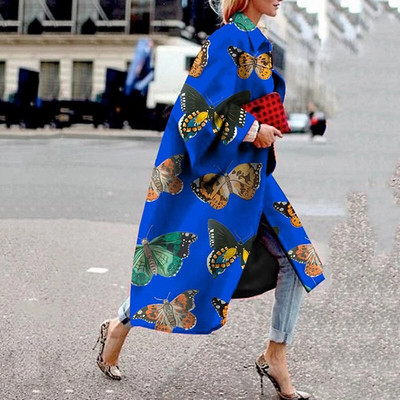 Rudens retro krāsu bloku apdrukas sieviešu garais mētelis 2020. gada modes garām piedurknēm laternas jakas Modes dāmu elegantas vējjakas