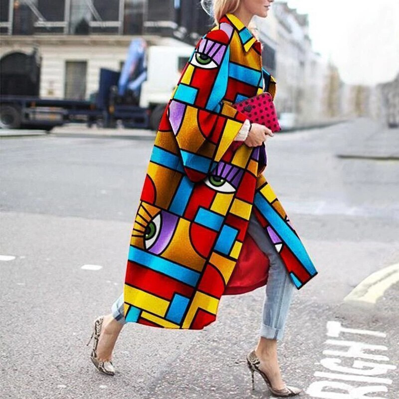 Rudens retro krāsu bloku apdrukas sieviešu garais mētelis 2020. gada modes garām piedurknēm laternas jakas Modes dāmu elegantas vējjakas