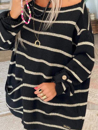 Ριγέ χειμωνιάτικο πουλόβερ Γυναικείο Casual Vintage πλεκτό πουλόβερ Χαλαρά μακρυμάνικα πλεκτά Γυναικεία μόδα Ζεστό πουλόβερ με τσέπη