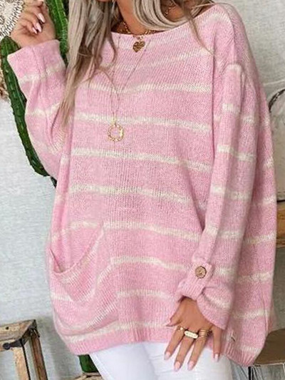 Ριγέ χειμωνιάτικο πουλόβερ Γυναικείο Casual Vintage πλεκτό πουλόβερ Χαλαρά μακρυμάνικα πλεκτά Γυναικεία μόδα Ζεστό πουλόβερ με τσέπη