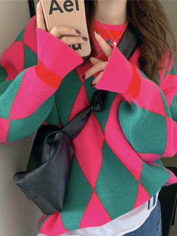 Modes topi 2022. g. sieviešu rudens ziema, jauns, purpursarkans, režģī izšūts džemperis.