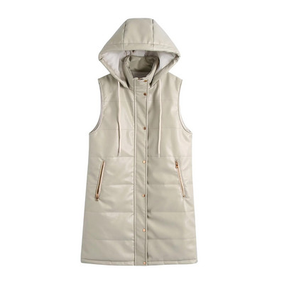 Női divat téli műbőr vastag meleg kabát divat cipzáras zseb ujjatlan PU kapucnis mellény kabát hosszú kabát