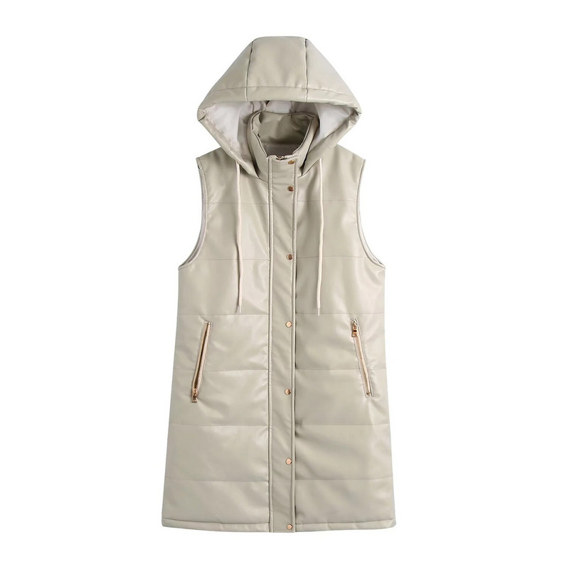 Női divat téli műbőr vastag meleg kabát divat cipzáras zseb ujjatlan PU kapucnis mellény kabát hosszú kabát