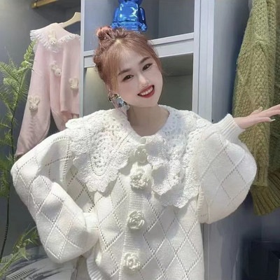 Peter Pan apkakles džemperis sievietēm 2022 rudens ziema jauns mežģīņu dizains ar ziedu trikotāžas jaciņu saldi, mīļi korejiešu puloveri