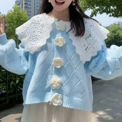 Peter Pan apkakles džemperis sievietēm 2022 rudens ziema jauns mežģīņu dizains ar ziedu trikotāžas jaciņu saldi, mīļi korejiešu puloveri