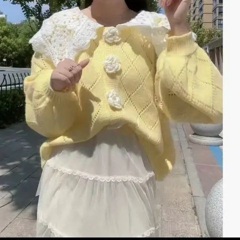 Peter Pan apkakles džemperis sievietēm 2022 rudens ziema jauns mežģīņu dizains ar ziedu trikotāžas jaciņu saldi, mīļi korejiešu puloveri