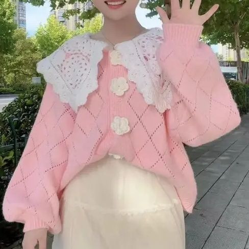 Peter Pan apkakles džemperis sievietēm 2022 rudens ziema jauns mežģīņu dizains ar ziedu trikotāžas jaciņu saldi, mīļi korejiešu puloveri