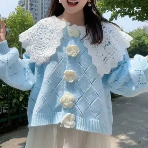Peter Pan apkakles džemperis sievietēm 2022 rudens ziema jauns mežģīņu dizains ar ziedu trikotāžas jaciņu saldi, mīļi korejiešu puloveri