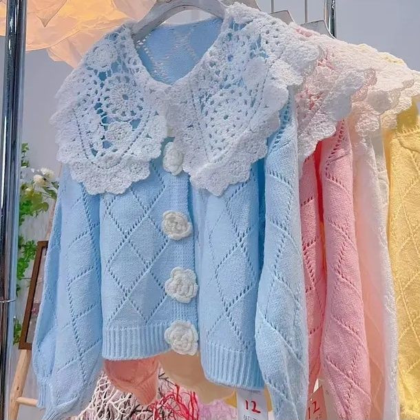 Peter Pan apkakles džemperis sievietēm 2022 rudens ziema jauns mežģīņu dizains ar ziedu trikotāžas jaciņu saldi, mīļi korejiešu puloveri