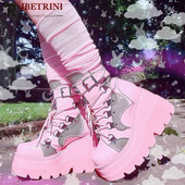 Meiteņu mežģīņu sprādzes metāla dizaina siksniņa ķīļveida platformas zābaki sievietēm cukurrozā gotikas apavi sievietēm 2021. gada jaunums, jauka mode