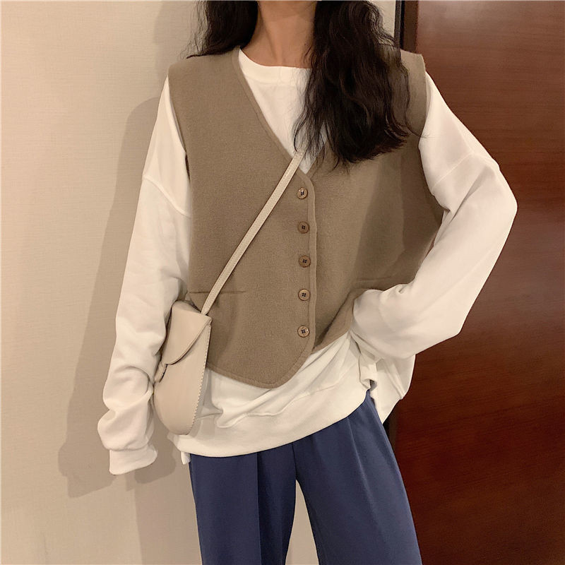 Vestes Sieviešu trikotāžas korejiešu stils Piedāvājums Visu maču Pavasaris Vienkāršs Brīvais V-veida kakla izgriezums Sieviešu brīvs Studentes Ikdienas Harajuku Retro Sieviete