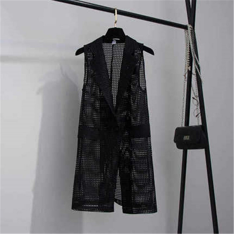 Νέο Μέγεθος M-3XL Γυναικείο Μαύρο Μακρύ Κοίλο Γιλέκο Γιλέκο Ευρωπαϊκού Στιλ Αμάνικο Μπουφάν Μεγάλο Πανωφόρι Top Γιλέκο Ρούπα Γυναικείο