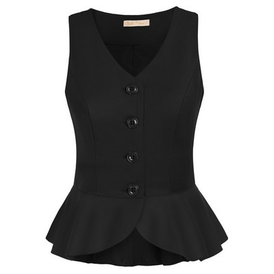 Belle Poque Ženski starinski prsluk s naboranim rubom iz 1950-ih, jednoredni prsluk, jednobojni prsluk bez rukava s V-izrezom, prsluk s nepravilnim rubom A30