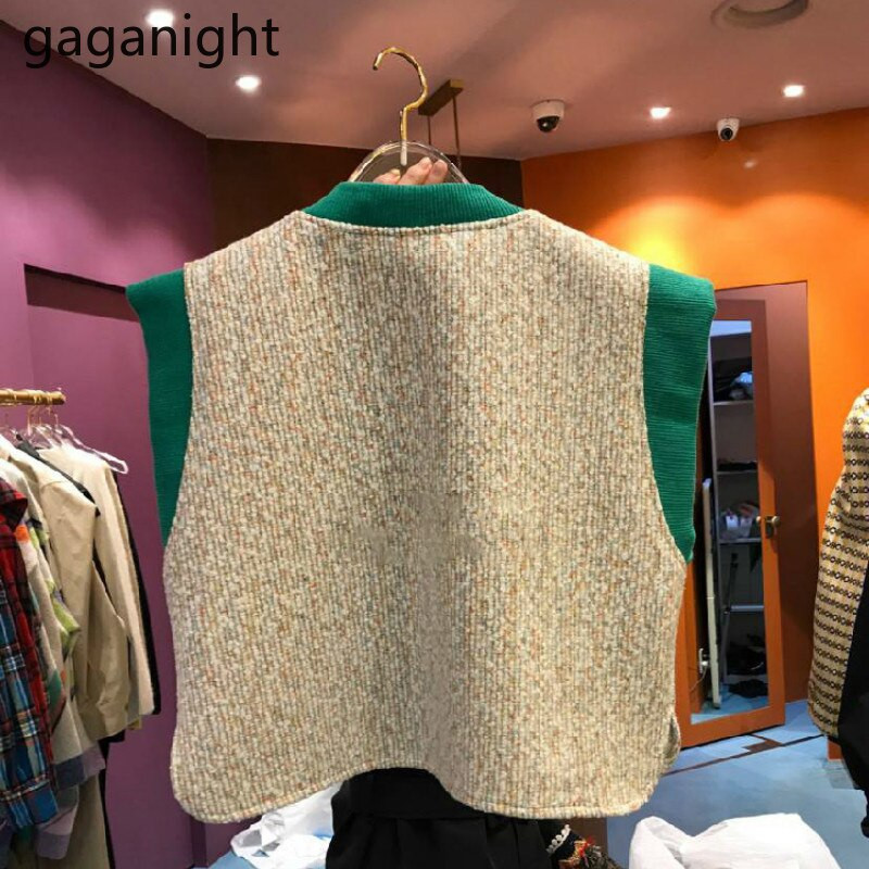 Gaganight džemper s V izrezom Vintage ženski pleteni puloveri s perlama Ležerni ženski prsluk bez rukava Široki korejski prsluk