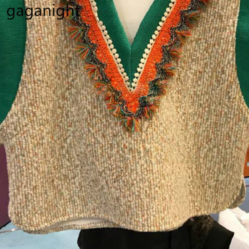 Gaganight džemper s V izrezom Vintage ženski pleteni puloveri s perlama Ležerni ženski prsluk bez rukava Široki korejski prsluk