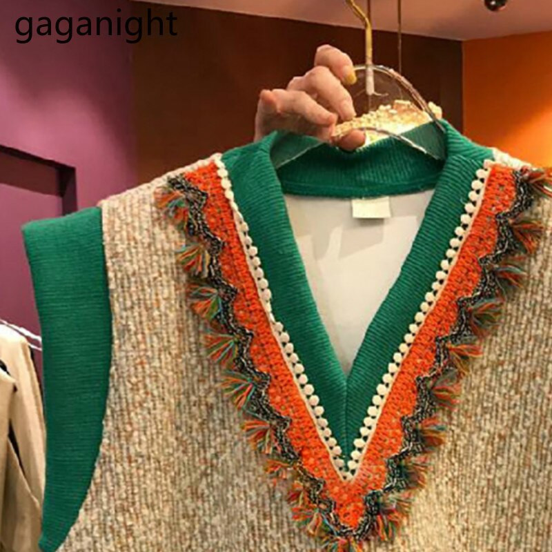 Gaganight džemper s V izrezom Vintage ženski pleteni puloveri s perlama Ležerni ženski prsluk bez rukava Široki korejski prsluk