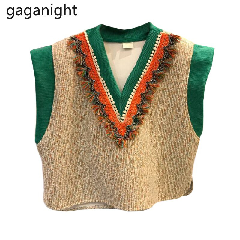 Gaganight džemper s V izrezom Vintage ženski pleteni puloveri s perlama Ležerni ženski prsluk bez rukava Široki korejski prsluk