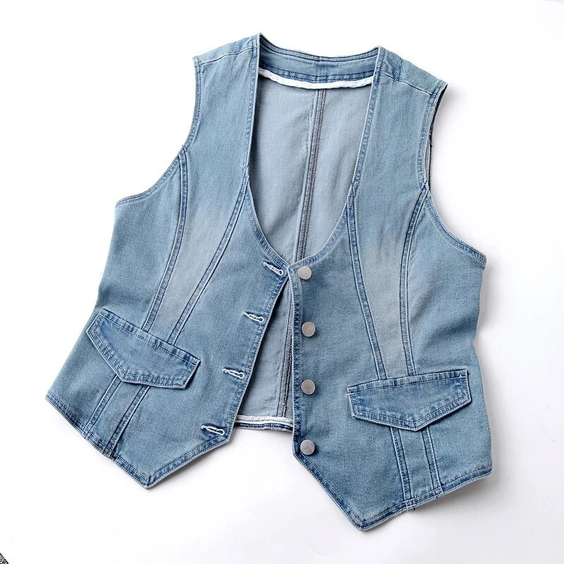 Femmes elastīga džinsa veste sievietēm, 2022. gada pavasara rudens, plānas V veida kakla vestes jaka, zila sieviešu virsdrēbes bez piedurknēm