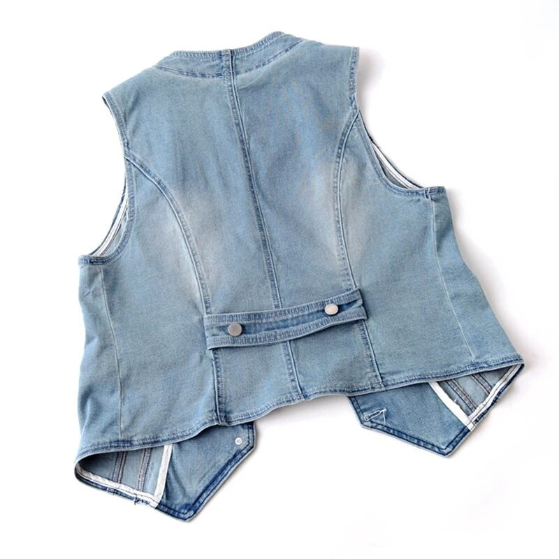 Femmes elastīga džinsa veste sievietēm, 2022. gada pavasara rudens, plānas V veida kakla vestes jaka, zila sieviešu virsdrēbes bez piedurknēm