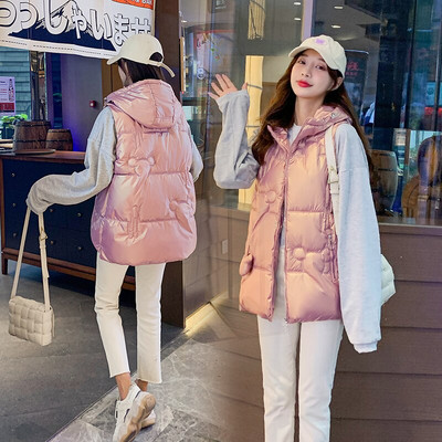 Fitaylor 2022 Jesen Zima Ženska vesta s kapuljačom Ležerna pamučna topla podstavljena jakna Bijelo Ružičasto Plava Slatka široka jakna bez rukava