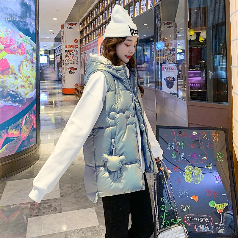 Fitaylor 2022 Jesen Zima Ženska vesta s kapuljačom Ležerna pamučna topla podstavljena jakna Bijelo Ružičasto Plava Slatka široka jakna bez rukava