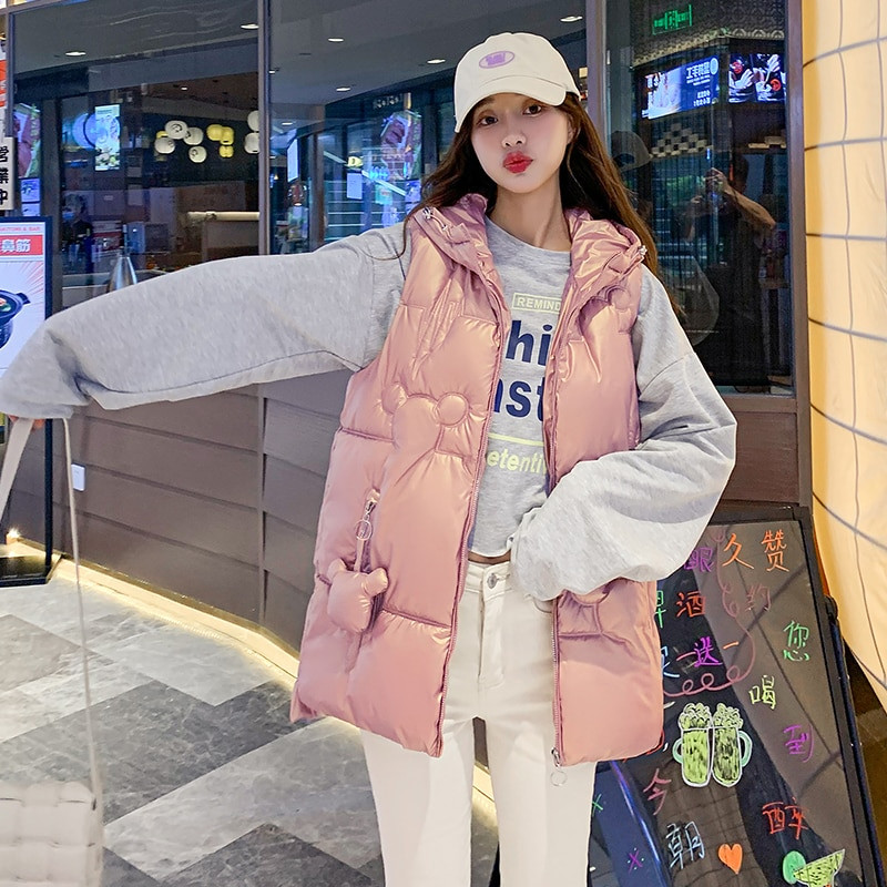Fitaylor 2022 Jesen Zima Ženska vesta s kapuljačom Ležerna pamučna topla podstavljena jakna Bijelo Ružičasto Plava Slatka široka jakna bez rukava