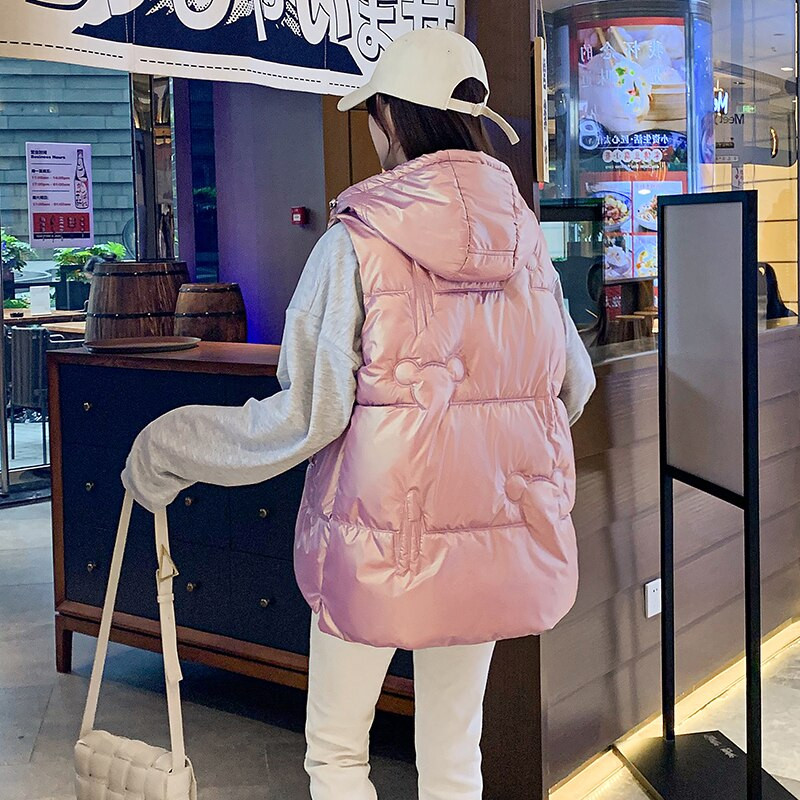 Fitaylor 2022 Jesen Zima Ženska vesta s kapuljačom Ležerna pamučna topla podstavljena jakna Bijelo Ružičasto Plava Slatka široka jakna bez rukava