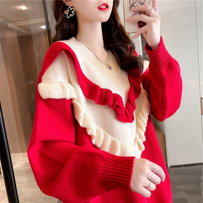 2022 Νέο βολάν πουλόβερ με αντίθεση με λαιμόκοψη Γυναικείο χριστουγεννιάτικο κόκκινο σχέδιο Sense Small Crowd Μεσαίο μακρύ πουλόβερ Κορυφαίο πουλόβερ Γυναικείο