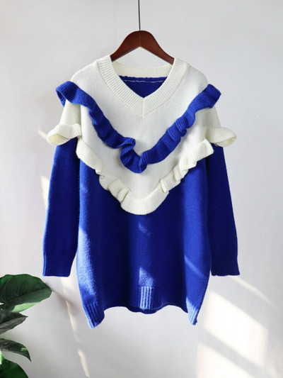 2022 Νέο βολάν πουλόβερ με αντίθεση με λαιμόκοψη Γυναικείο χριστουγεννιάτικο κόκκινο σχέδιο Sense Small Crowd Μεσαίο μακρύ πουλόβερ Κορυφαίο πουλόβερ Γυναικείο