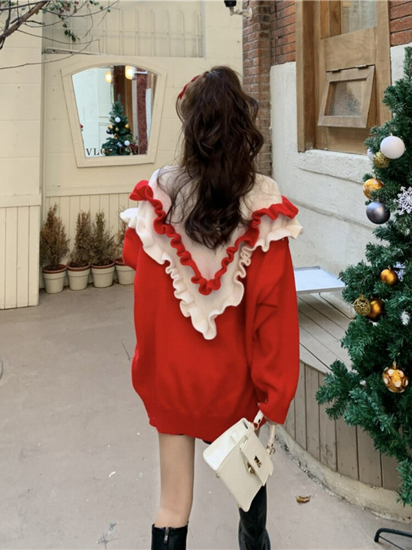 2022 Νέο βολάν πουλόβερ με αντίθεση με λαιμόκοψη Γυναικείο χριστουγεννιάτικο κόκκινο σχέδιο Sense Small Crowd Μεσαίο μακρύ πουλόβερ Κορυφαίο πουλόβερ Γυναικείο