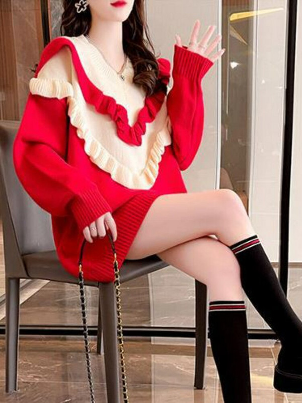 2022 Νέο βολάν πουλόβερ με αντίθεση με λαιμόκοψη Γυναικείο χριστουγεννιάτικο κόκκινο σχέδιο Sense Small Crowd Μεσαίο μακρύ πουλόβερ Κορυφαίο πουλόβερ Γυναικείο