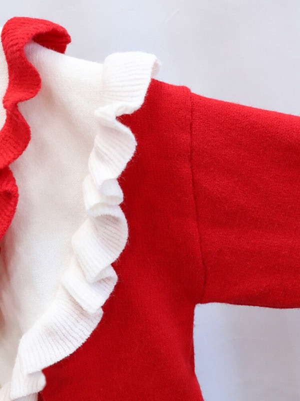 2022 Νέο βολάν πουλόβερ με αντίθεση με λαιμόκοψη Γυναικείο χριστουγεννιάτικο κόκκινο σχέδιο Sense Small Crowd Μεσαίο μακρύ πουλόβερ Κορυφαίο πουλόβερ Γυναικείο