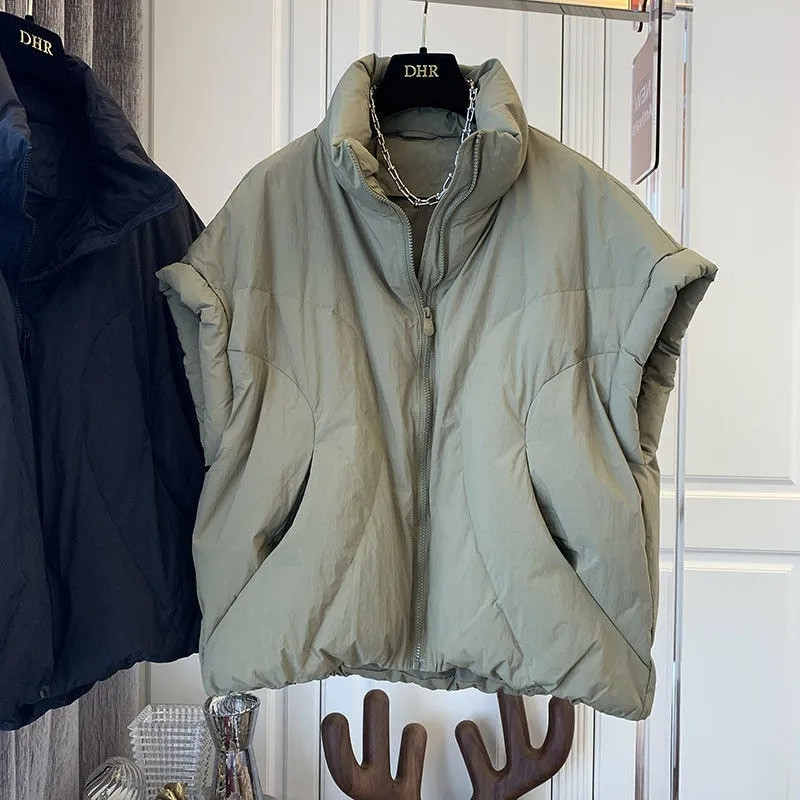 Novi ženski prsluk s stojećim ovratnikom za 2022. Kratki široki topli ležerni pamučni podstavljeni prsluk Kaput Zimska jakna bez rukava za 2022.