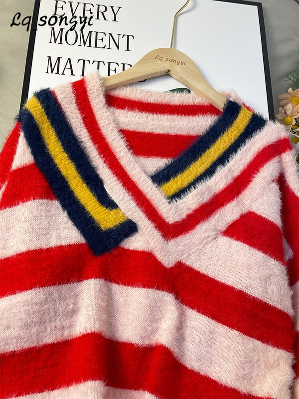 Prugasti puloveri od mohera Jesen Zima Pleteni široki puloveri s puf rukavima V izrezom Ženski prekomjerni pulover Lq_songyi LQ16