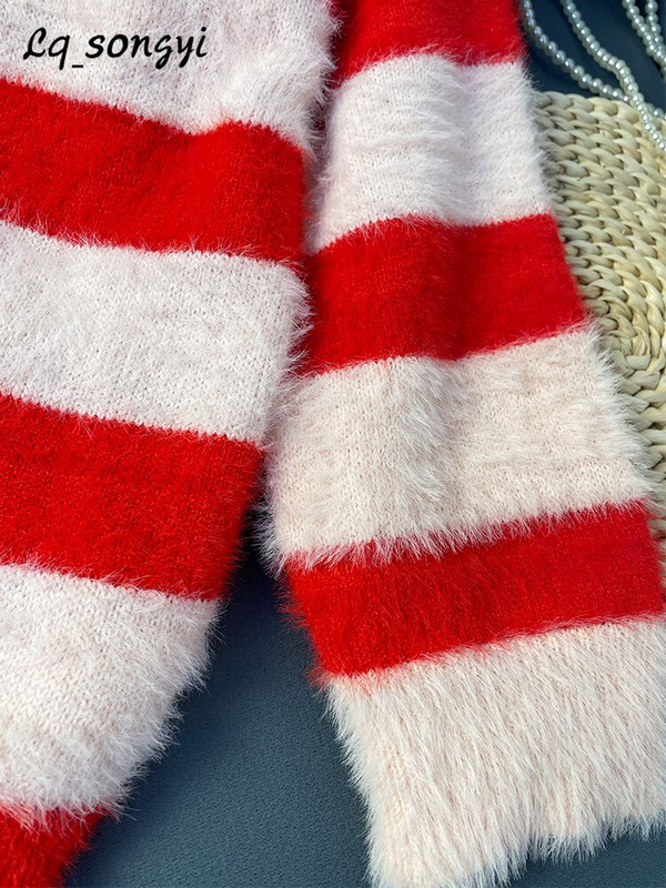 Prugasti puloveri od mohera Jesen Zima Pleteni široki puloveri s puf rukavima V izrezom Ženski prekomjerni pulover Lq_songyi LQ16