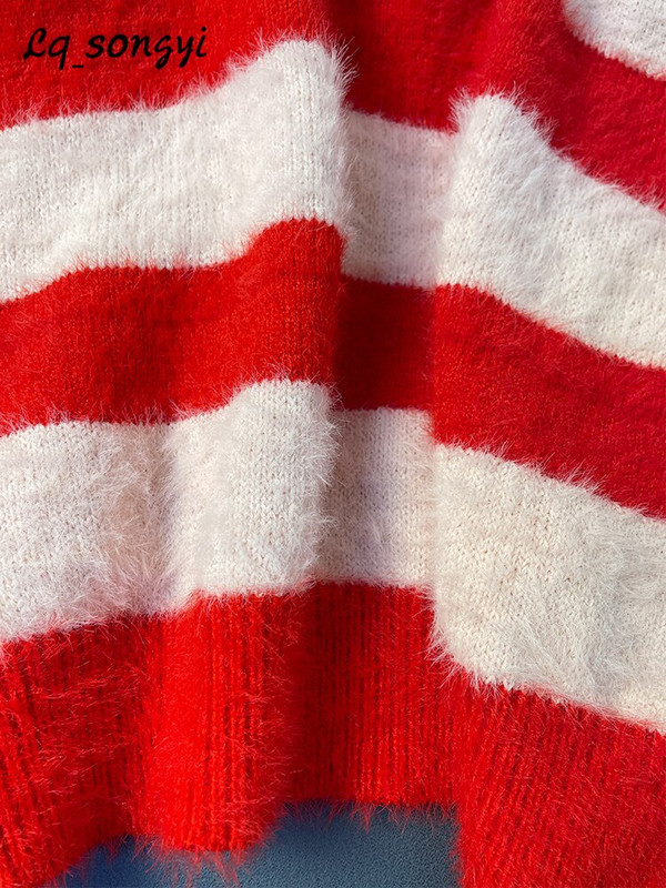 Prugasti puloveri od mohera Jesen Zima Pleteni široki puloveri s puf rukavima V izrezom Ženski prekomjerni pulover Lq_songyi LQ16