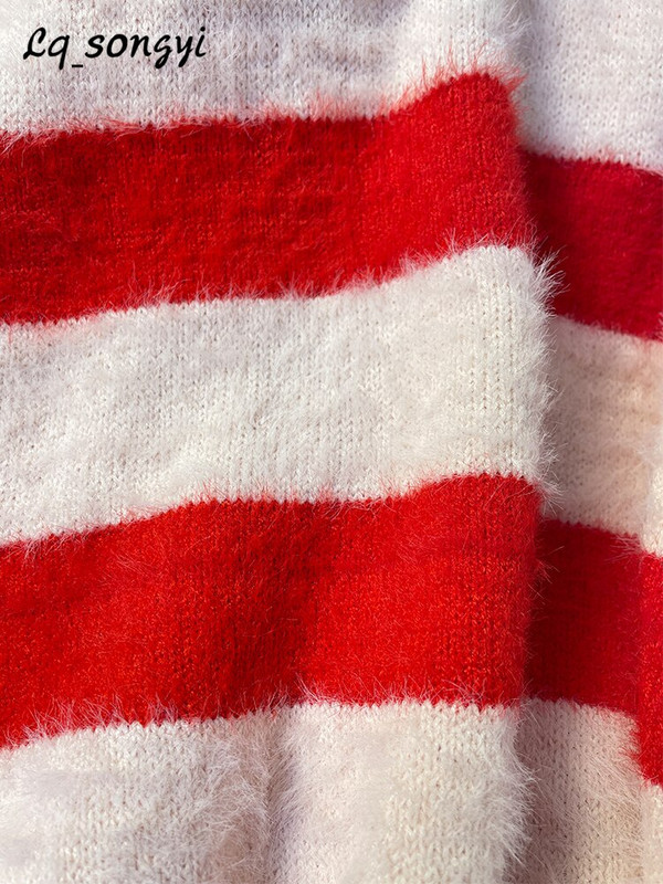 Prugasti puloveri od mohera Jesen Zima Pleteni široki puloveri s puf rukavima V izrezom Ženski prekomjerni pulover Lq_songyi LQ16