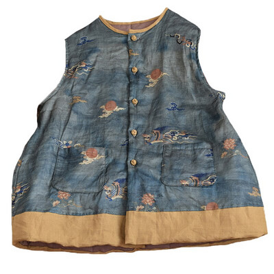 Johnature Γυναικεία vintage φθινοπωρινά γιλέκα με κουμπιά στάμπα Floral λινό 2021 Νέο αμάνικο λινό O-λαιμόκοψη Ζεστές τσέπες Γυναικεία γιλέκα