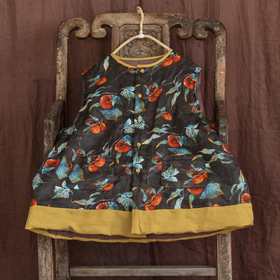 Johnature Γυναικεία vintage φθινοπωρινά γιλέκα με κουμπιά στάμπα Floral λινό 2021 Νέο αμάνικο λινό O-λαιμόκοψη Ζεστές τσέπες Γυναικεία γιλέκα