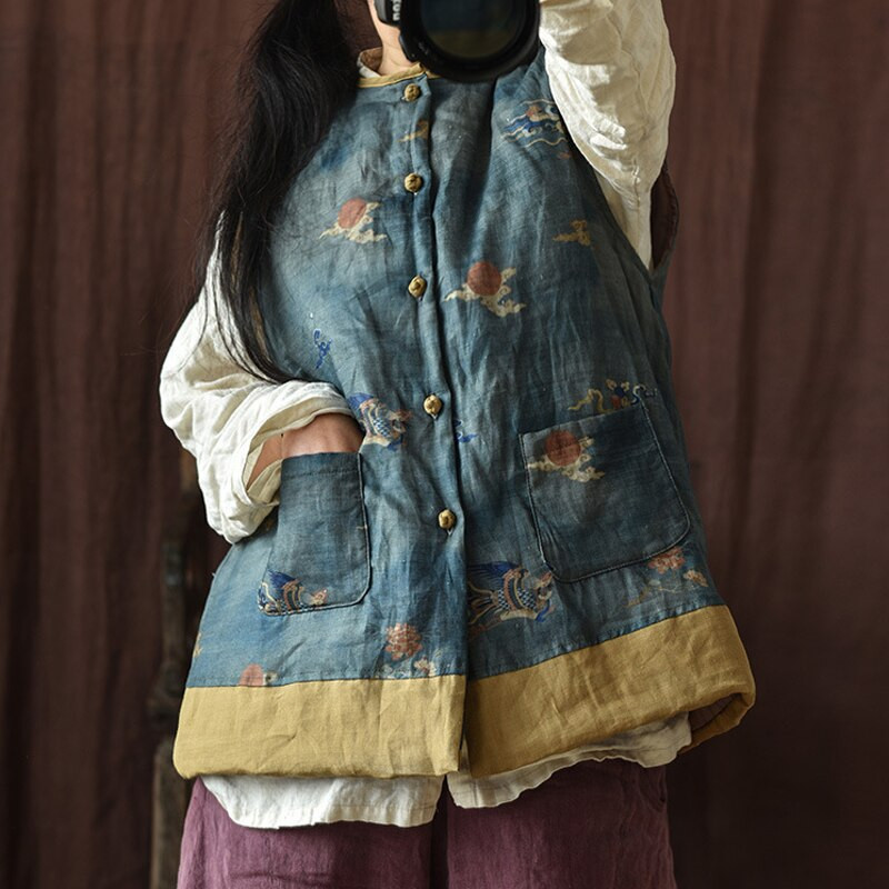 Johnature Γυναικεία vintage φθινοπωρινά γιλέκα με κουμπιά στάμπα Floral λινό 2021 Νέο αμάνικο λινό O-λαιμόκοψη Ζεστές τσέπες Γυναικεία γιλέκα