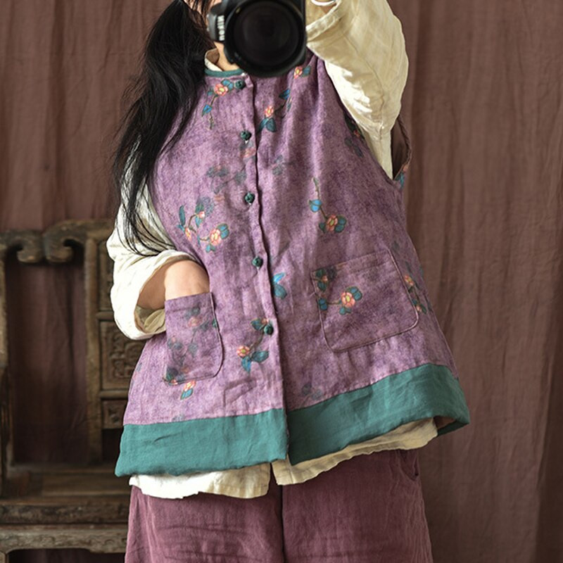 Johnature Γυναικεία vintage φθινοπωρινά γιλέκα με κουμπιά στάμπα Floral λινό 2021 Νέο αμάνικο λινό O-λαιμόκοψη Ζεστές τσέπες Γυναικεία γιλέκα
