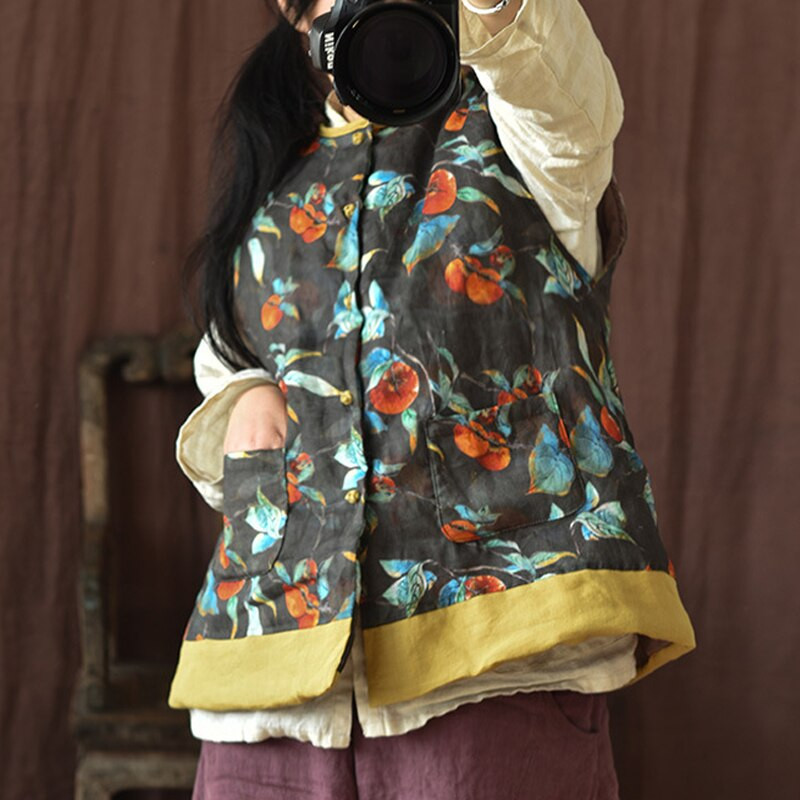 Johnature Γυναικεία vintage φθινοπωρινά γιλέκα με κουμπιά στάμπα Floral λινό 2021 Νέο αμάνικο λινό O-λαιμόκοψη Ζεστές τσέπες Γυναικεία γιλέκα