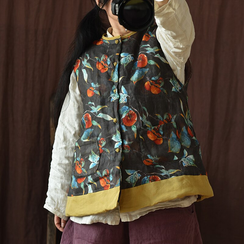 Johnature Γυναικεία vintage φθινοπωρινά γιλέκα με κουμπιά στάμπα Floral λινό 2021 Νέο αμάνικο λινό O-λαιμόκοψη Ζεστές τσέπες Γυναικεία γιλέκα