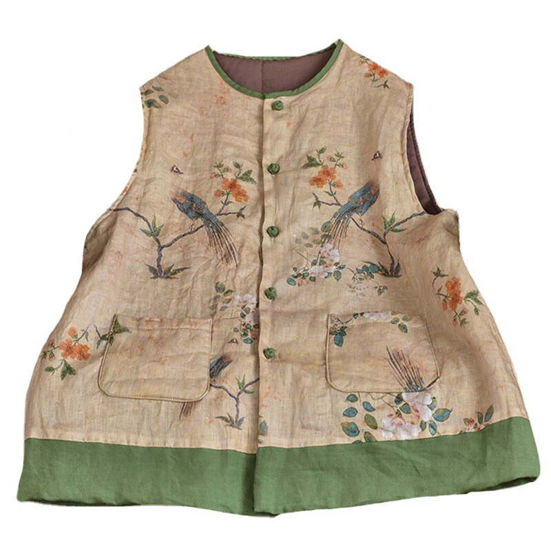 Johnature Γυναικεία vintage φθινοπωρινά γιλέκα με κουμπιά στάμπα Floral λινό 2021 Νέο αμάνικο λινό O-λαιμόκοψη Ζεστές τσέπες Γυναικεία γιλέκα