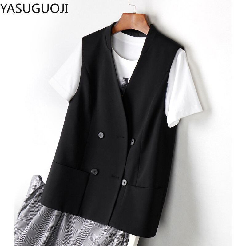 YASUGUOJI modes sieviešu veste ar dubultām krūtīm, jauna 2021. gada rudens Slim Fit V kakla izgriezuma formā, sieviešu biroja veste liela izmēra jakas