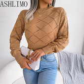 ženski pleteni džemper jesen zima 2022. izdubljeni karirani džemper dugih rukava s oeneckom smeđi pleteni džemper za ženske modne majice