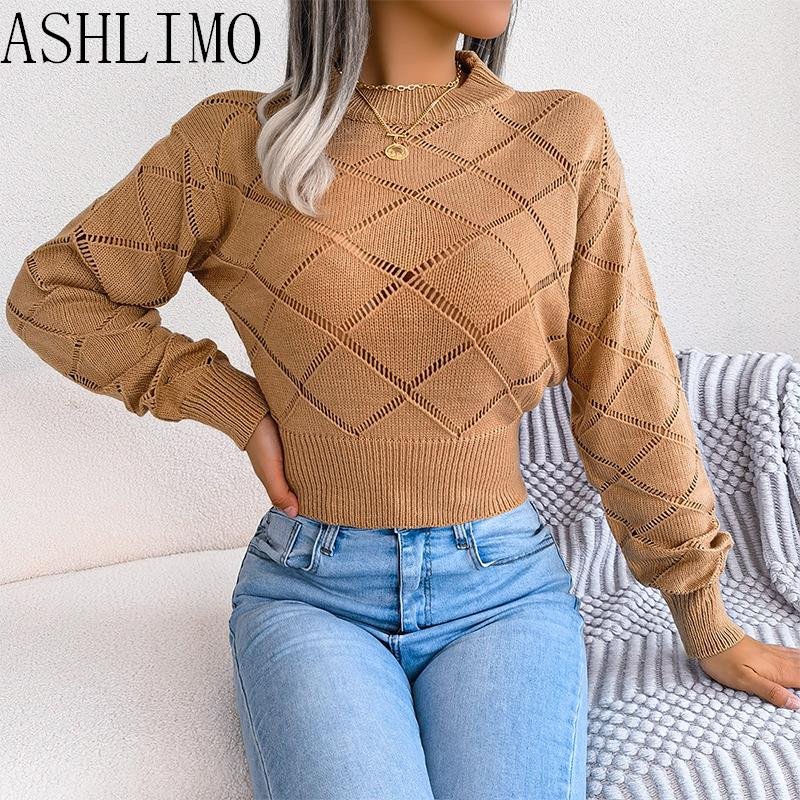 ženski pleteni džemper jesen zima 2022. izdubljeni karirani džemper dugih rukava s oeneckom smeđi pleteni džemper za ženske modne majice