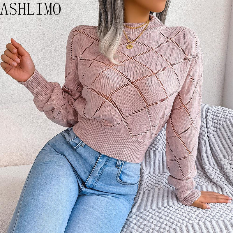 ženski pleteni džemper jesen zima 2022. izdubljeni karirani džemper dugih rukava s oeneckom smeđi pleteni džemper za ženske modne majice