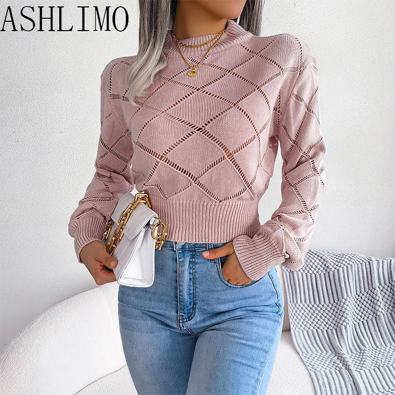 ženski pleteni džemper jesen zima 2022. izdubljeni karirani džemper dugih rukava s oeneckom smeđi pleteni džemper za ženske modne majice