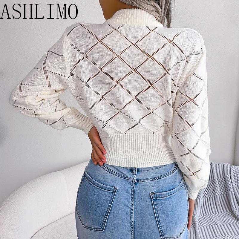 ženski pleteni džemper jesen zima 2022. izdubljeni karirani džemper dugih rukava s oeneckom smeđi pleteni džemper za ženske modne majice
